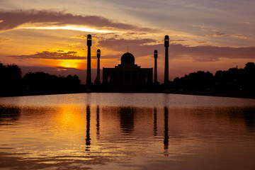 Landscape of beautiful sunset sky at Central Mosque in Songkhla province, Southern of Thailand.
