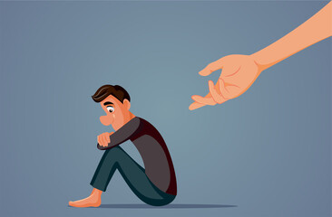 Sad Depressed Man Being Offered a Helping Vector Illustration. Unhappy homeless person getting help from a specialist

