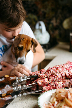 Kid with pet in kitchen.
