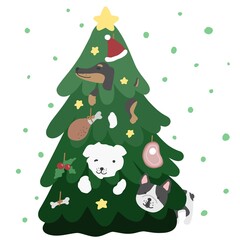 Dog Christmas tree Merry Christmas cartoon vector illustration	
