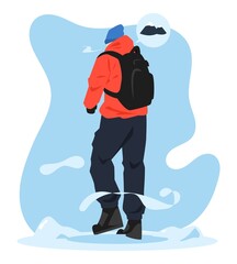 back view illustration of man in full suit climbing a snowy mountain. snow mountain icon. climbing concept, hobby, snow season. flat vector style