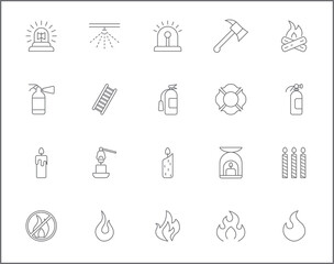 Simple Set of fire Related Vector Line Icons. Contains such Icons as candle, disaster, fireplace, firefighter, hydrant, safety, light symbols and more.