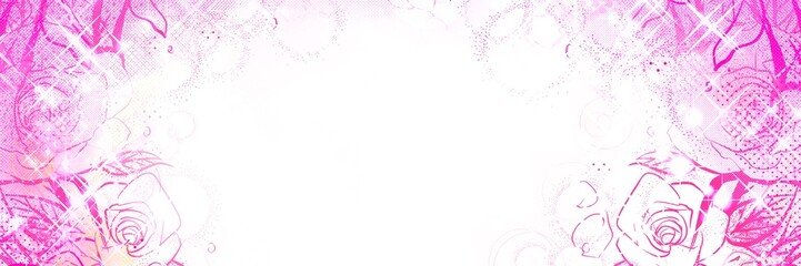 70年代少女漫画キラキラ薔薇の花園背景ペン画カラーイラストワイドサイズ