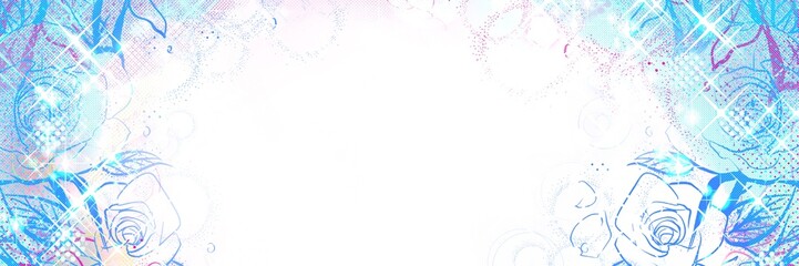 ワイドサイズの70年代少女漫画キラキラ薔薇の園背景ペン画カラーイラスト - obrazy, fototapety, plakaty