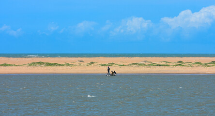 Tropical sand beach and the Calm Bay of Bengal sea on Puri, Odisha.