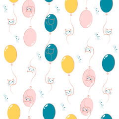Seamless pattern of balloons and kittens