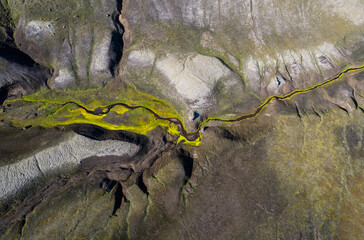 Aerial shot of textures of Highlands of Iceland