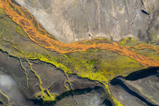 Aerial shot of textures of Highlands of Iceland