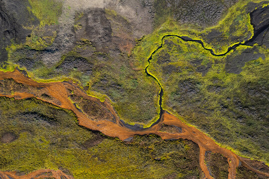 Aerial shot of textures of Highlands of Iceland
