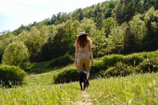  Young woman walking with dog in sunny field in nature