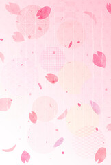 桜の花びらと和柄模様が描かれた麻の葉背景　縦書きの縦用紙の便箋 - obrazy, fototapety, plakaty