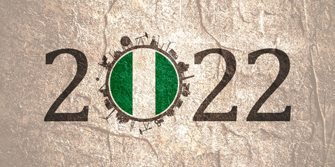 2022 year number with industrial icons around zero digit. Flag of Nigeria.