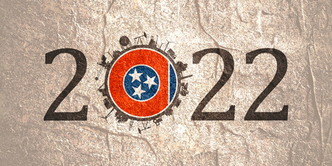 2022 year number with industrial icons around zero digit. Flag of Tennessee.