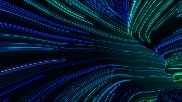 Wavy Neon Lights Tunnel with Blue, Purple and Green Curves. 3D Render.