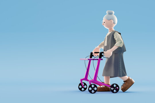 Senior woman walking with her rollator walker