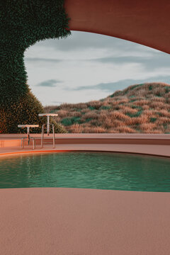 futuristic metaverse terrace at sunset