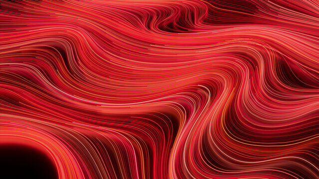 Wavy Swoosh Background with Red, Orange and White Stripes. 3D Render.