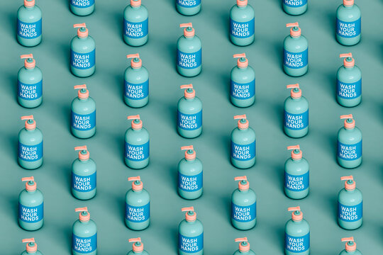 isometric pattern of many blue soap bottles