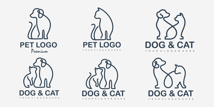 dog and cat linear icon set logo design template