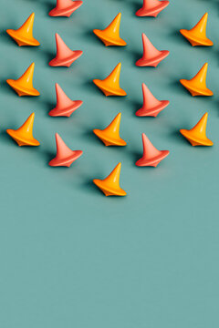 isometric view of colorful spinning tops