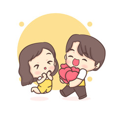 Cute boy gives his heart to his girlfriend. Happy valentine chibi couple cartoon character. 