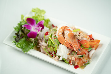 Thai spicy salad, noodles with shrimp