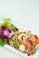 Thai spicy salad, noodles with shrimp