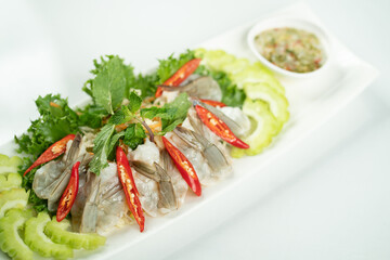 Thai spicy salad with shrimp white background
