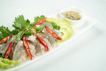 Thai spicy salad with shrimp white background
