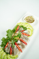 Thai spicy salad with shrimp white background
