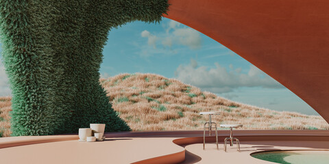 futuristic metaverse terrace at day