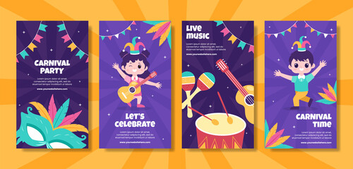 Happy Carnival Party Social Media Stories Template Cartoon Background Vector Illustration