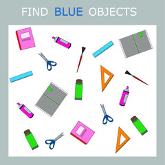 Find the   blue  stationery for school character among others. Looking for blue . Logic game for children.
