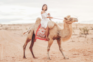Portrait of  asian young woman  tourist in white dress and landscape with tourists riding on camels is popular travel destination in Mui Ne desert, Vietnam
