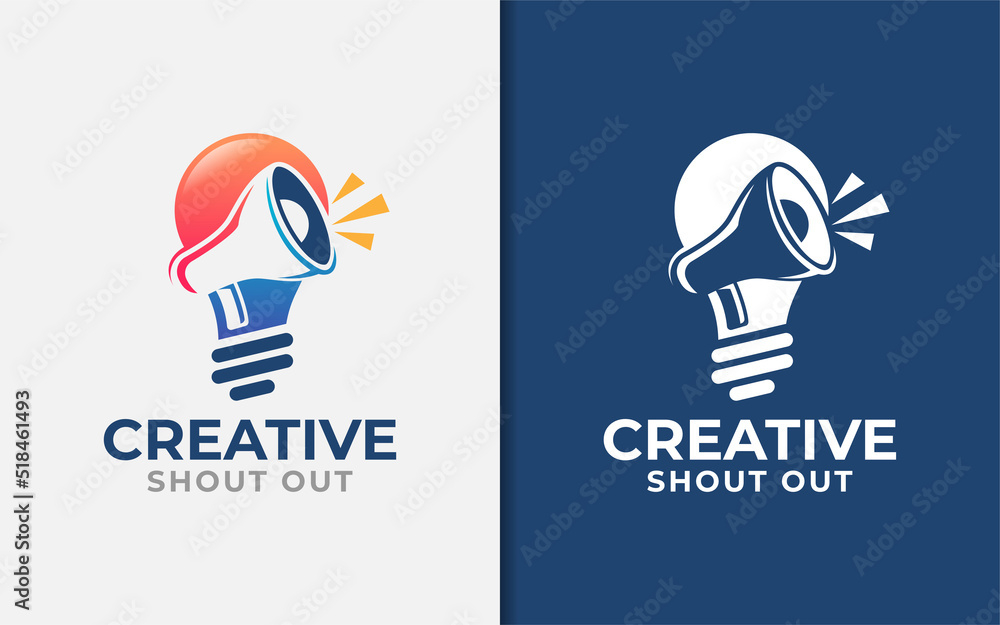 Aufkleber creative shout out logo design with abstract light bulb and megaphone symbol combination concept.