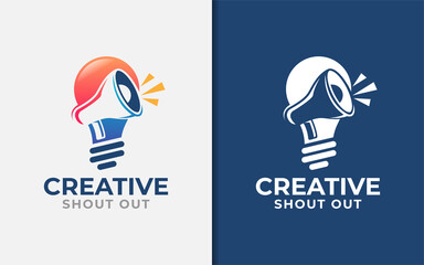 Creative Shout Out Logo Design with Abstract Light bulb and Megaphone Symbol Combination Concept.