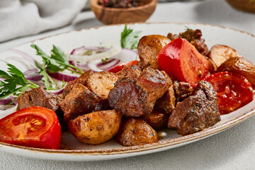 Traditional georgian dish odjahuri with meat and potatoes. Roasted pork fillet and potatoes with onion and tomatoes. Stew meat and potatoes. Eastern food with pork and spices