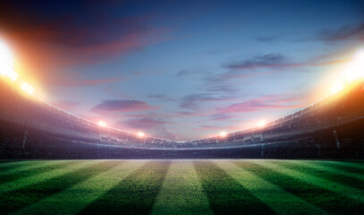Football Arena. Sports stadium with lights background, 3D rendering.