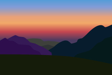 Sunset in the mountains, incredible colors of the sky. Evening twilight. Vector flat illustration.