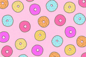Repeating pattern of colorful donuts, illustration