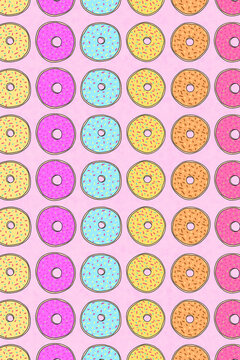 Repeating pattern of colorful donuts, illustration
