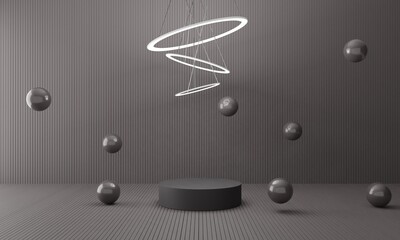 black podium with hanginglight and ball in black room.3d rendering.