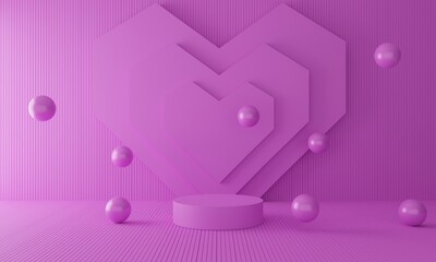 pink podium with balloons and heart background in pink room.3d rendering.