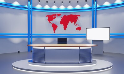 wood table and lcd background in the news studio room.3d rendering.