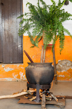 clay pot on the fire in a house 