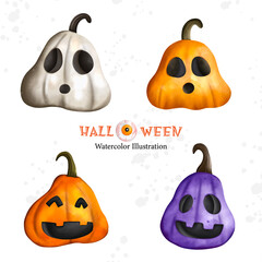 Halloween pumpkins set. Halloween watercolor painting illustration. Halloween composition set..