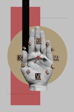 Digital Collage Art with human palm and clock face