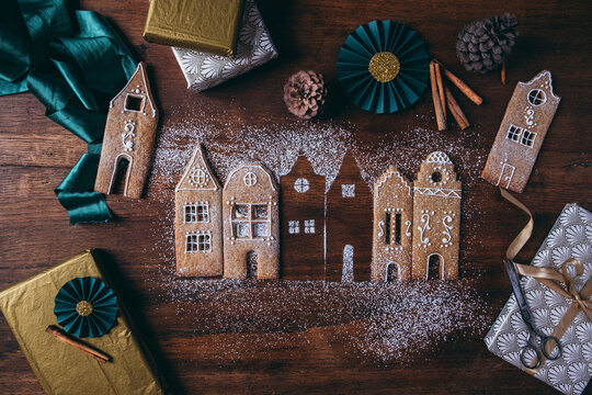 Naklejki Gingerbread houses and christmas cookies