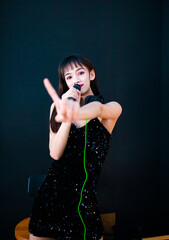 woman dj in headphones	
