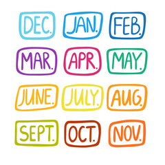 Hand drawn doodle vector lettering of of the months of the year. Set of decorative colorful doodle lettering of different months of the year